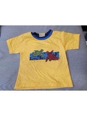 Plaid Fish Toddler T-Shirt With Turtle Print Yellow & Blue 100% Cotton Unisex Sh